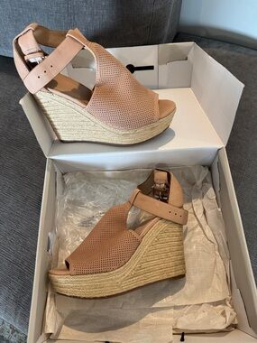 Marc Fisher Peep-Toe Perforated Espadrille Wedges in Blush